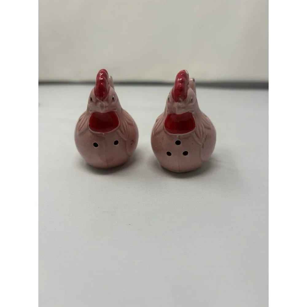 Vintage Pink Red Chicken Ceramic Salt & Pepper Shakers Farmhouse Cottage MCM